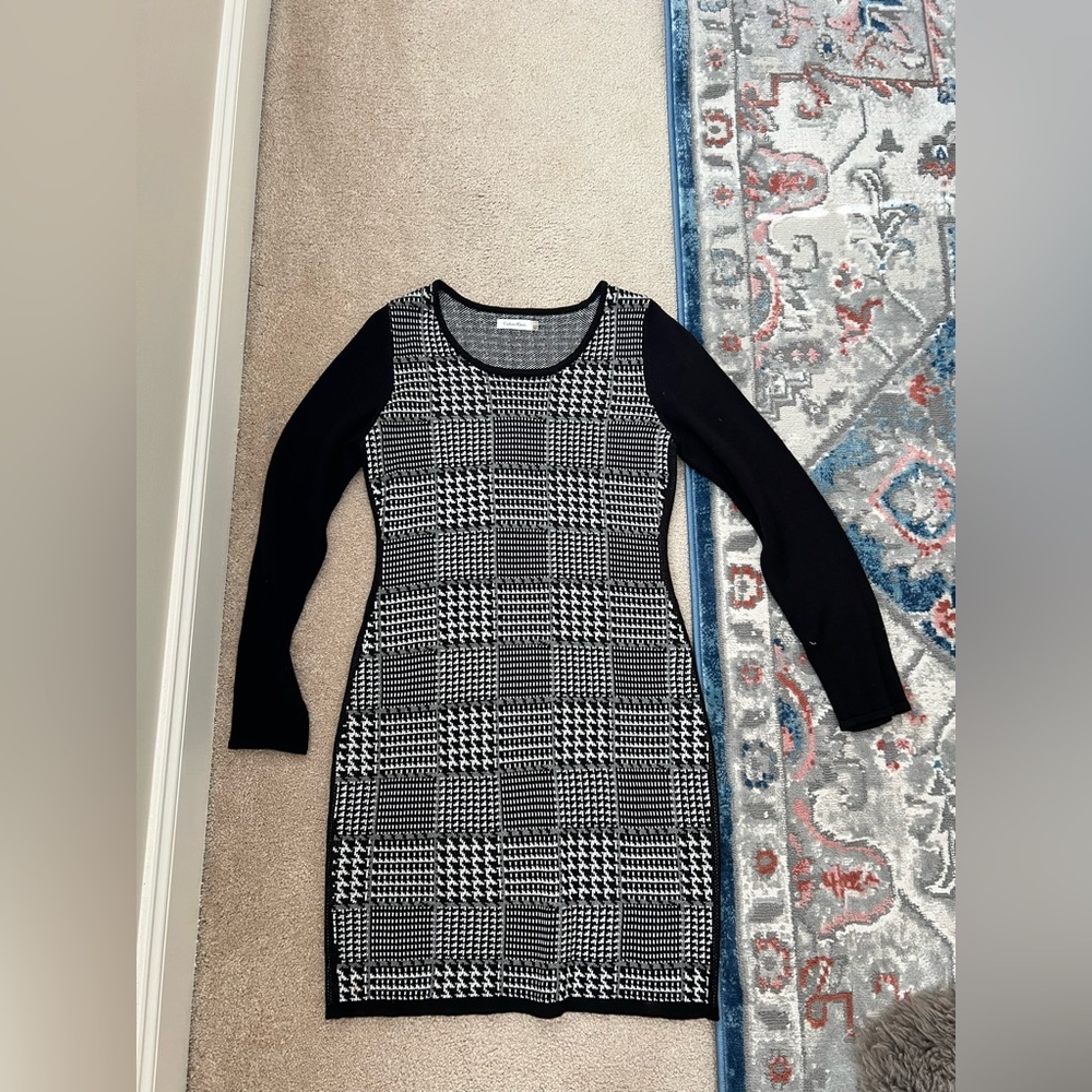 Calvin Klein Black and White Sheath Dress with Cuffed Long Sleeves